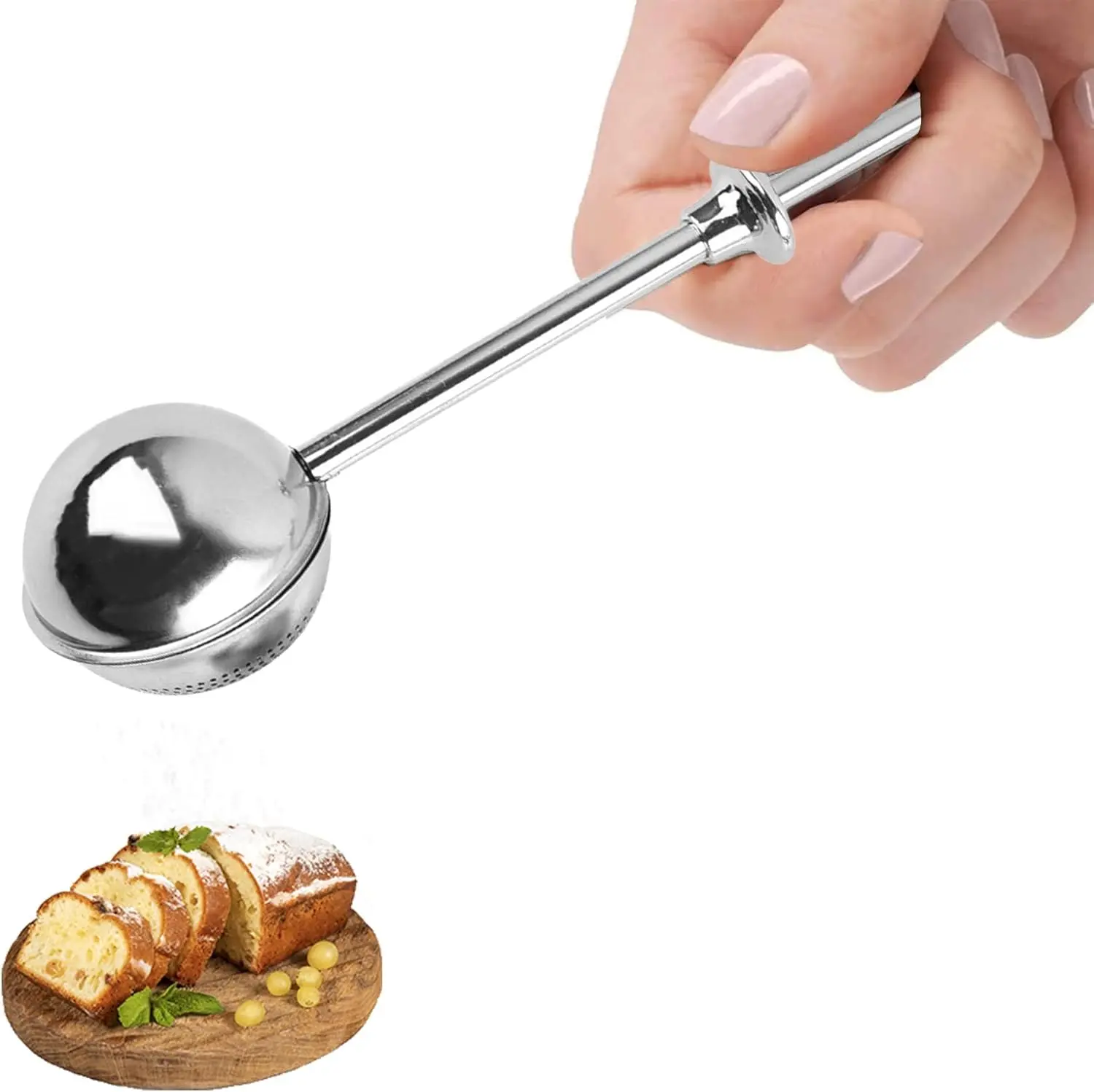 Powdered Sugar Shaker Duster, Flour Sifter for Baking, Baker's Dusting Wand Dispenser with Spring-Operated Handle One-Handed Operation, Stainless Steel Spices Sugar Strainer