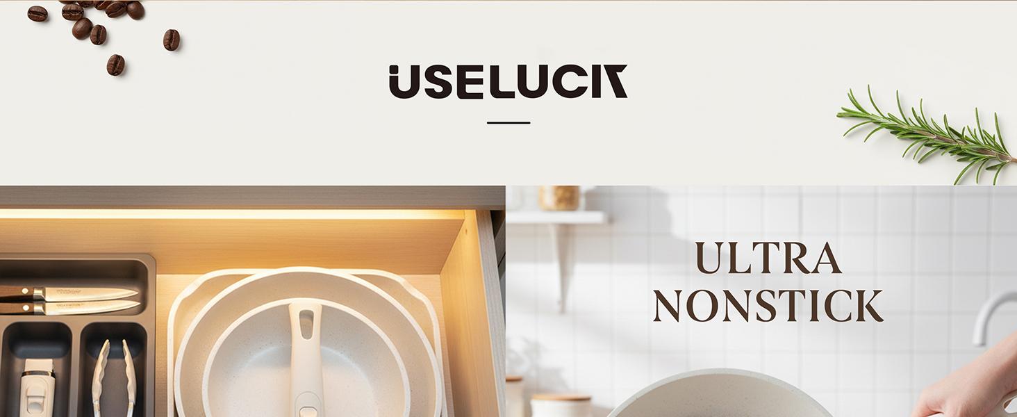 USELUCK 20-Piece Non-Stick Cookware Set with Detachable Handles, Stackable Pots & Pans, Oven Safe, Healthy RV Set with Induction Lids, Silicone Turner, Ladle, Tongs, Glass Lids