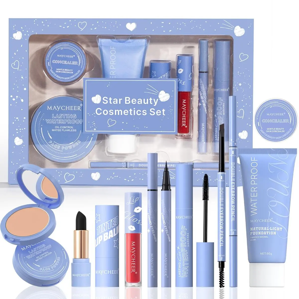 8-Piece Full Face Makeup Set, Makeup Gift Set, Cosmetic Gift Set, Includes Mascara Eyeliner Foundation Powder Lipstick Concealer Dual-Ended Brow Pencil, Long-Lasting Waterproof Sweatproof, all skin types, party or everyday makeup, Beauty Sets