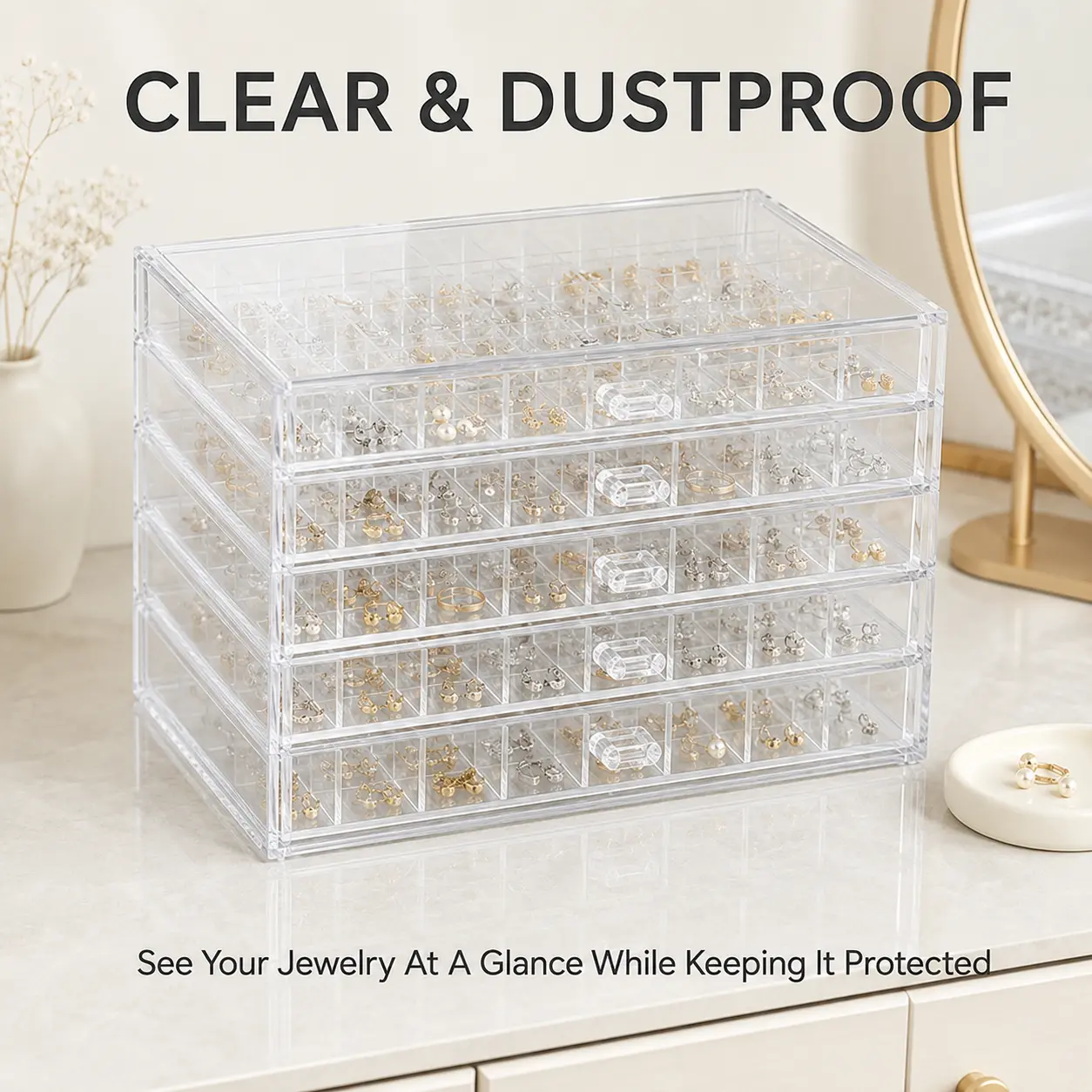 5-Drawer Transparent Plastic Storage Jewelry Organizer, 120-Grid Stackable Container for Earrings, Rings, Necklaces & Small Accessories, Countertop & Desktop Organizer Bins for Vanity Desks Countertop Storage Container