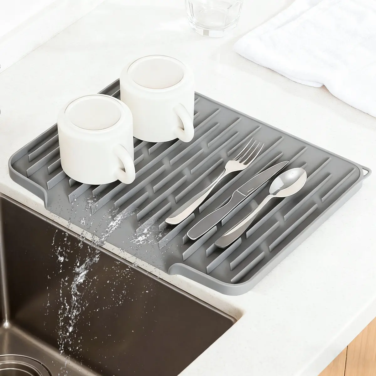 Silicone Cup Drying Mat(15.7*12.4")with Built-in Drain Lip Drainer Mat for Kitchen Counter Dish Drying Mat Eco-Friendly Hygienic Compact Easy Clean High Temperature Resistance Coasters Tableware Mat Coasters,Simple Square,Mother's Day Gift #SummerVibes