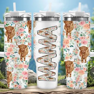 1pc 40oz Watercolor Highland Cow Floral Tumbler with Lid, Insulated Travel Mug, Gift for Women Men, Ideal for Halloween, Independence Day, Memorial Birthday Gift, Coffee Cup, weird stuff