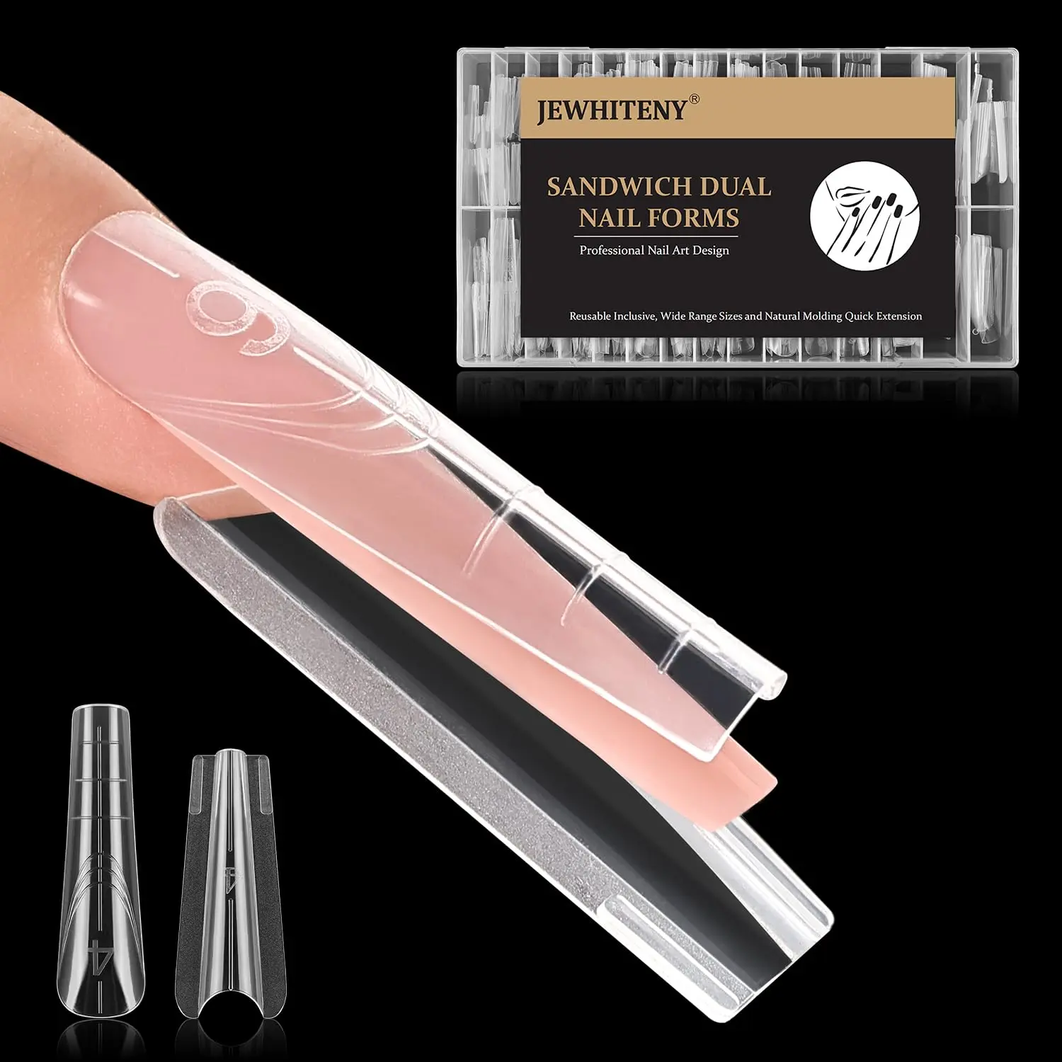 JEWHITENY 280 PCS Sandwich Nails Dual Forms:Long Coffin Reusable Nail Forms with Guide Lines,14 Sizes Nail Mold for Nails Extension,Salon & Home DIY Nail Art Tools