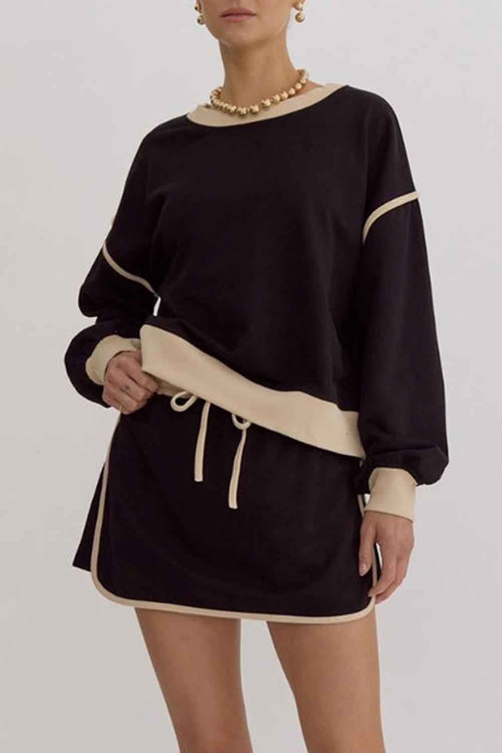 Mntaor Women's Contrast Loose Winteroutfit Long Sleeve Pullover and Lace-Up Waist Skort Set-Comfortable Fit for Chic Occasions Womenswear Outfit