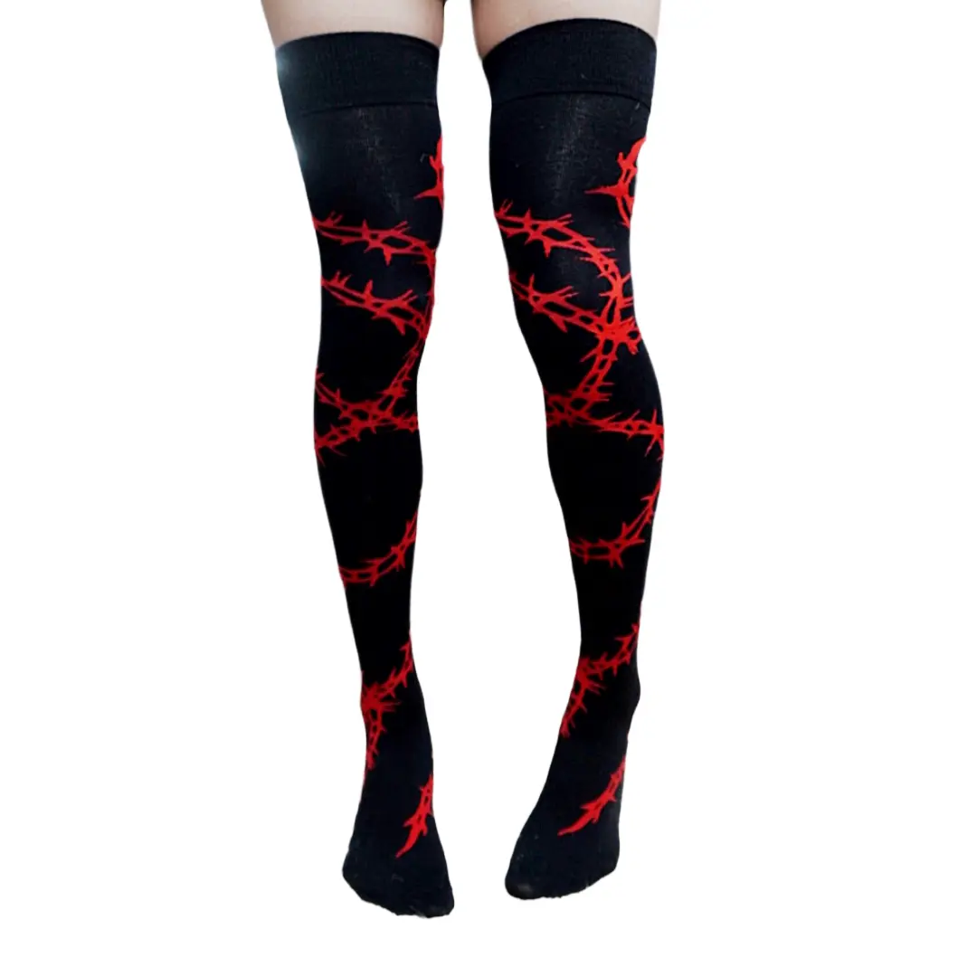 Thorn Thigh-High Socks, Top-Bottom Leg Coverage, Red Unisex Stockings