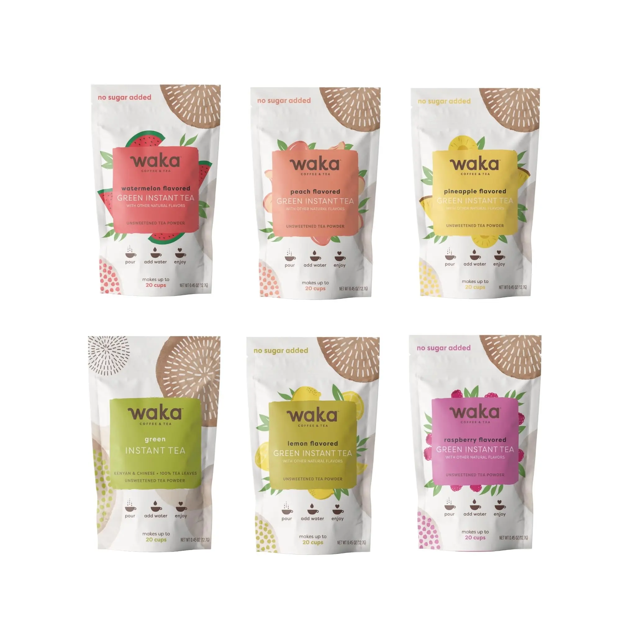 Waka Instant Tea — Concentrated Green Tea Powder Sample Bundle — No Sugar Added & Unsweetened — 100% Tea Leaves — 6 X 0.45 oz Sample Packs For Hot or Iced Tea Beverage Natural
