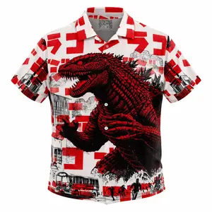 Graphic Godzilla Hawaiian Shirt Menswear, Stylish Collared Button Shortsleeve Aloha Top, Casual Relaxed Fit Tropical Polyester Streetwear