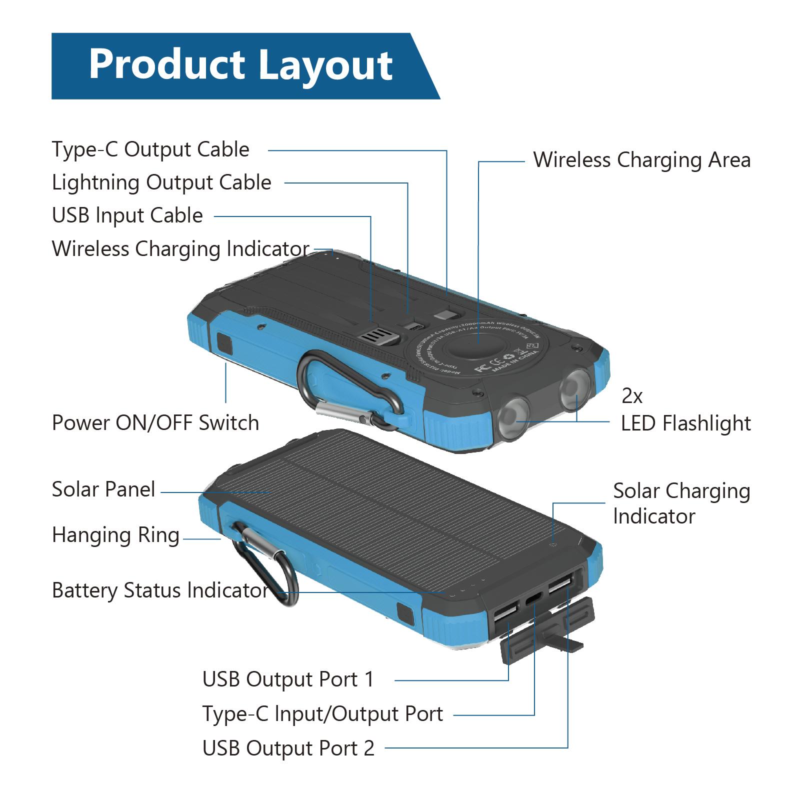 20000mAh Solar power bank PD 15W Fast Solar Charger with Foldable Panels 4 Foldable Panels 15W Wireless Built-in Cables USB-C In/Out Camping Hurricane Emergency Smart iPhone 17 Compatible Chargeable Power Bank Travel Battery Pack power bank