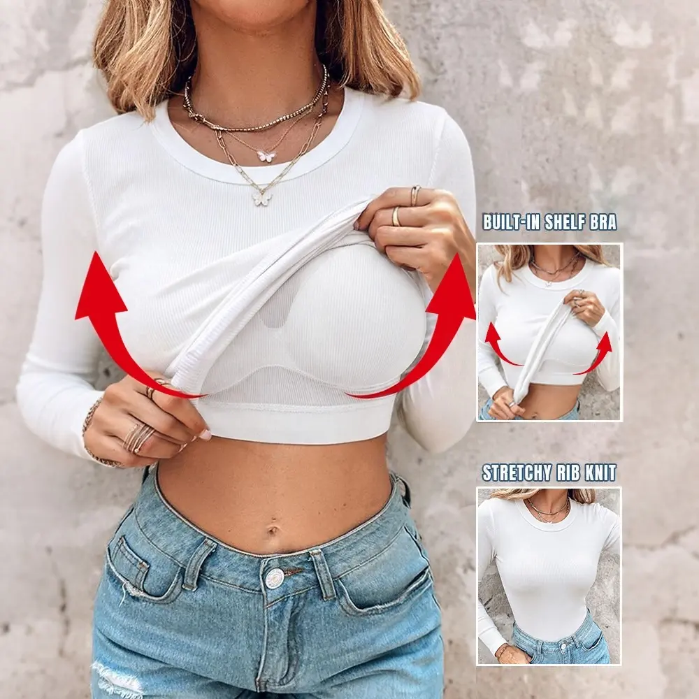 CHICME Women's Built-in Bra Ribbed Knit Top Slim Fit Base Layer Shirt Soft Stretchy Crew Neck Long Sleeve Casual Tee