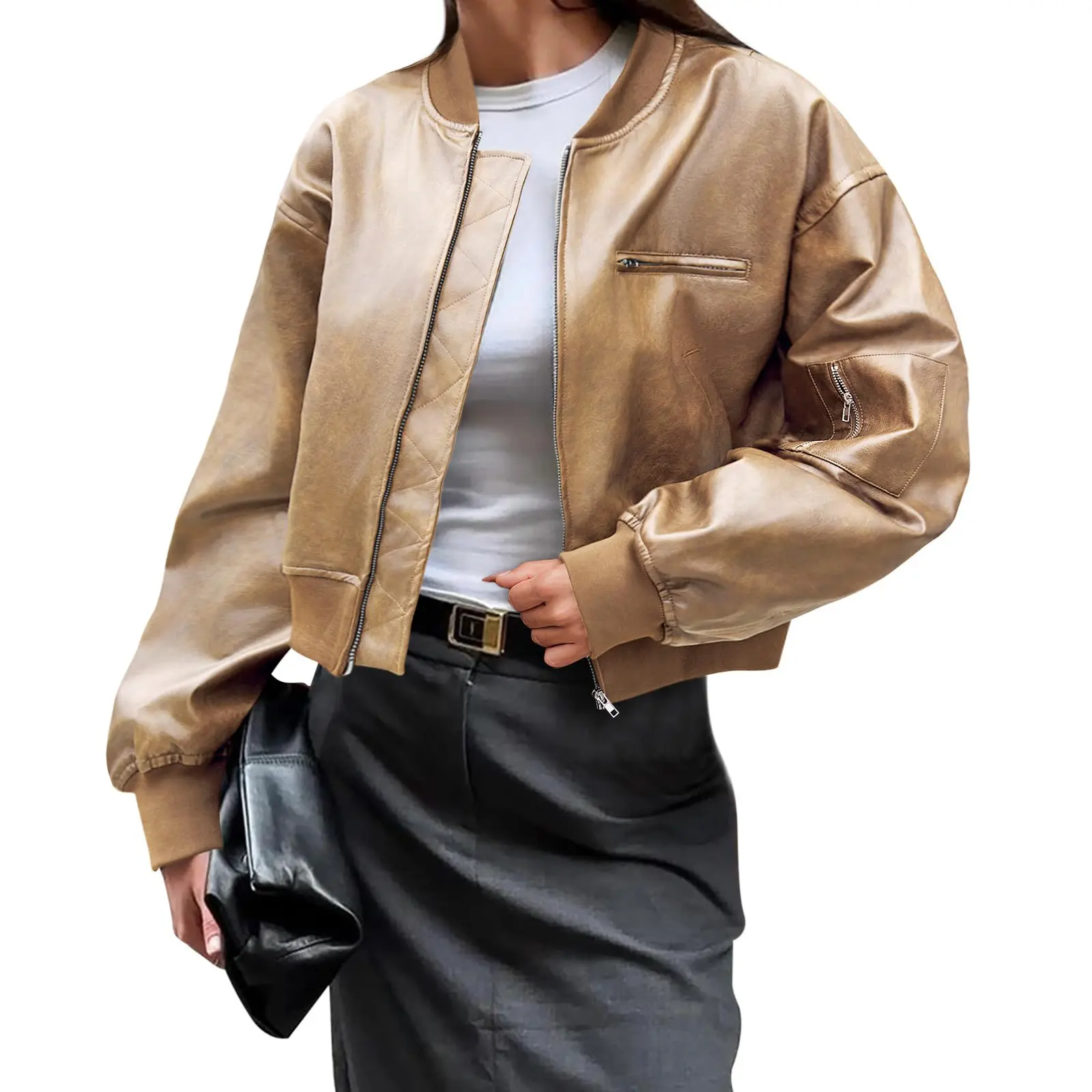 Cicy Bell Womens Faux Leather Bomber Jackets Baseball Collar Zip Up Cropped Biker Coat with Pockets Chic Fashion Fitted Long Sleeve Outerwear for Fall Outfits