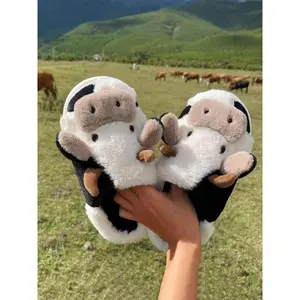 Women's Cute Cozy Fuzzy Plush Cow Slippers Soft Comfortable Fluffy House Slippers Warm for Indoor & Outdoor Use 2023 Fall Winter Stylish Design Ideal Gift Walking Shoes Footwear Flipflop Slide