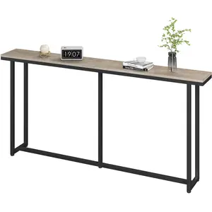 Costoffs 63in Long Narrow Console Table for Behind Sofa Modern Hallway Table with Metal Frame Matte Black Frame Natural Wood-Grain Top Durable Stable Construction with Wall Anchors