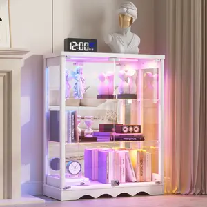 FREDEES RGB Display Cabinet with Glass Doors - 39’‘ Tall Curio Cabinet with Lock & Adjustable Shelves, 3-Tier Display Case with Lights, for Collectibles/Lego/Figure/Helmet/Football