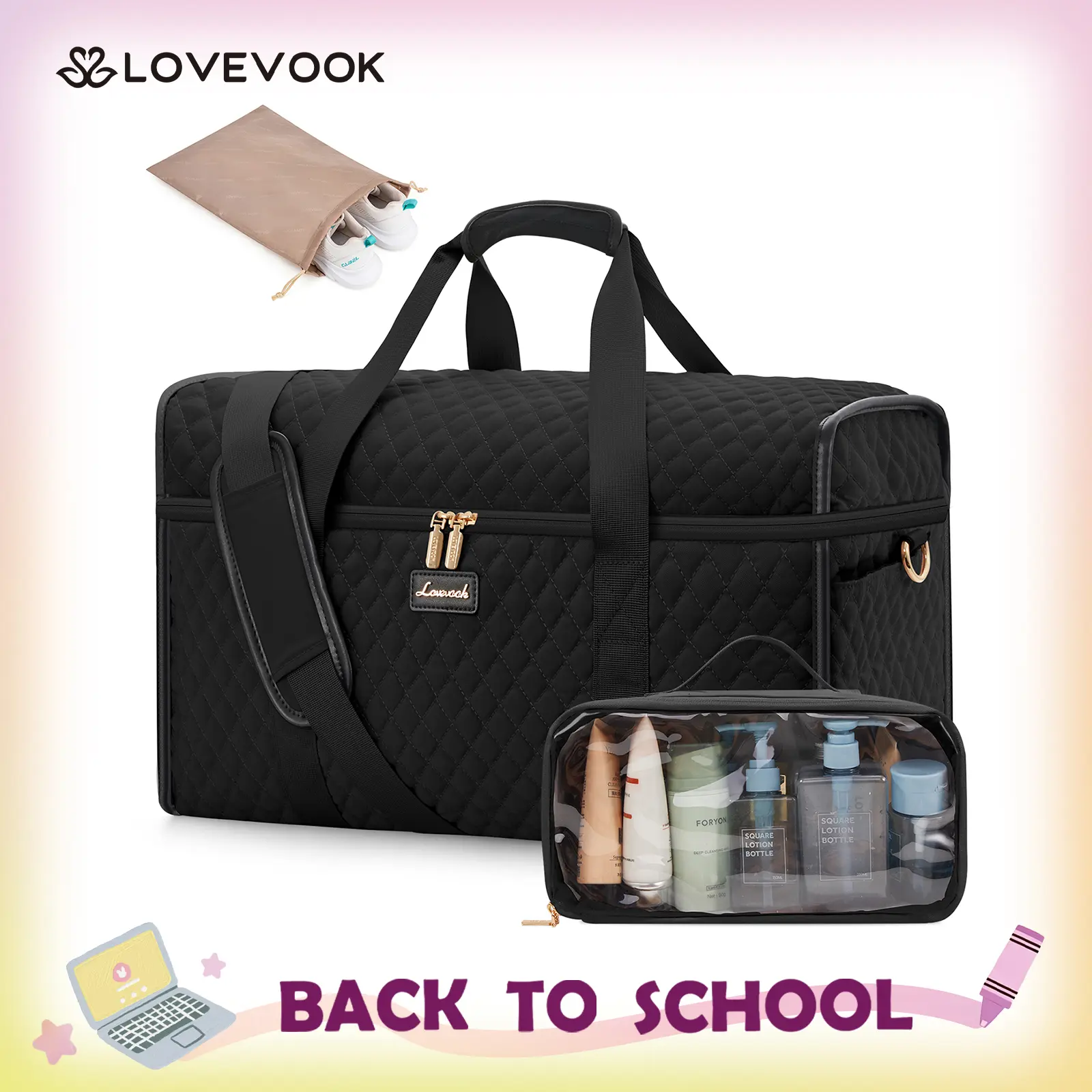 LOVEVOOK Travel Duffle Bag,Weekender Bags For Women, Carry On Duffel Bags For Airplanes, Overnight Bag With Toiletry Bag, Hospital Bag for Labor and Delivery, Yoga Gym Bag with Wet Pocket, 3Pcs Set