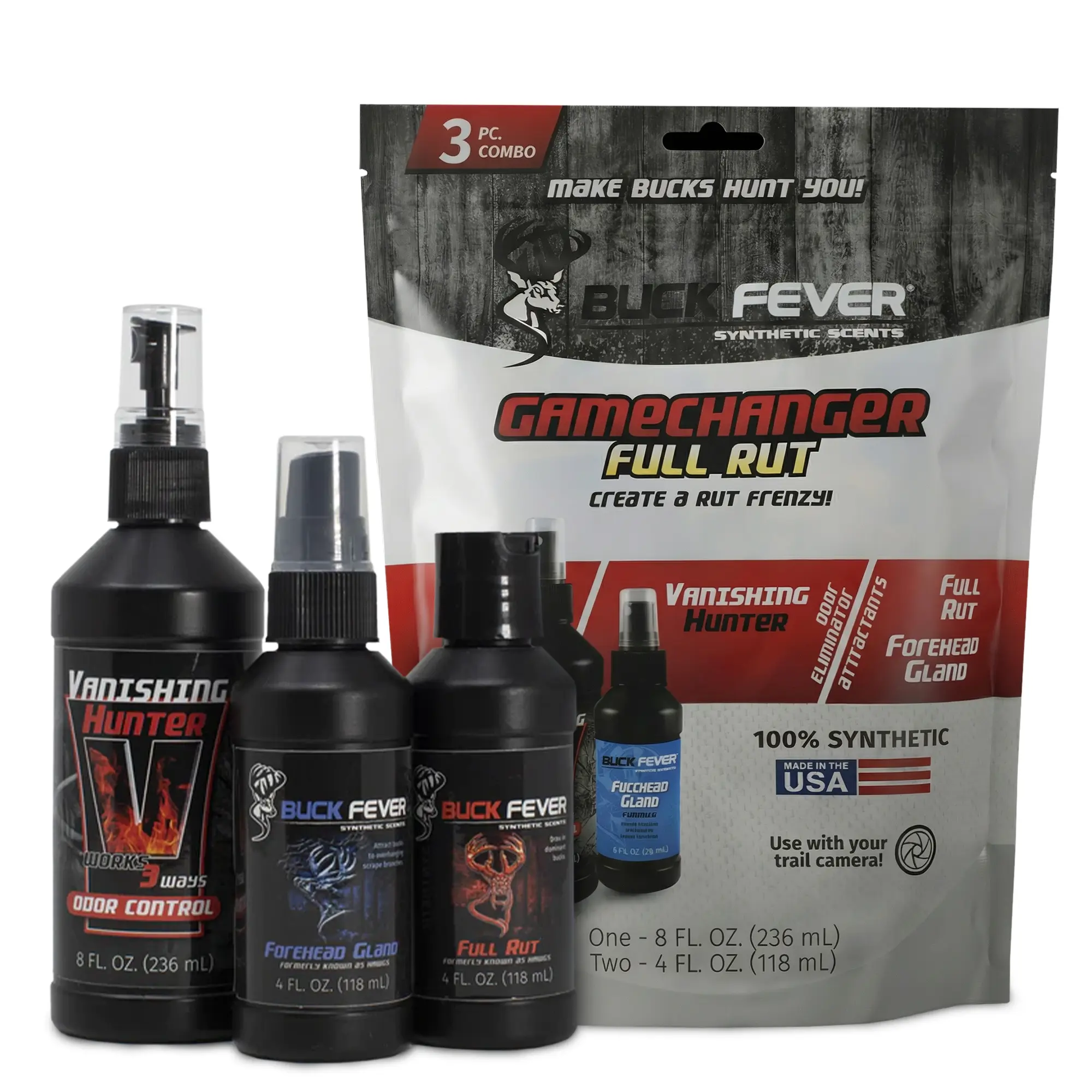 Buck Fever Gamechanger Synthetic Deer Scent 3-Piece Hunting Gear Set, 8 oz, Rut Season Use, Camo Compatible, Odor Control for Deer-Alarming Odor Reduction, Non-Toxic, Never Spoils, Safe for Skin Application, Trail Camera Pairing, 3 Piece Set, Use On Skin,