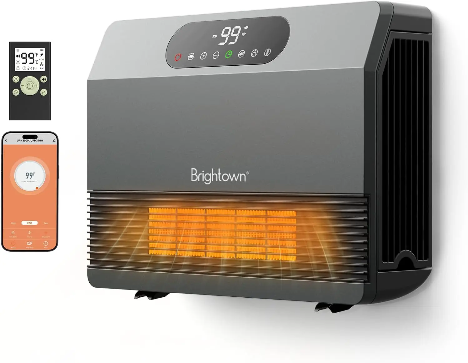 Brightown Smart Wall Heater 1500W Electric Space Heater for Indoor Use 5 Modes Adjustable Thermostat Remote Control Energy Efficient Easy-Mount for Bedroom Works with Alexa Grey