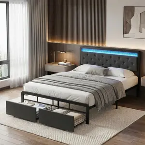 Full Bed Frame with 2 Storage Drawers, Button Tufted Headboard and LED Lights, Upholstered Platform Bed with Mattress Foundation Strong Wooden Slats Support, No Box Spring Needed, Dark Grey
