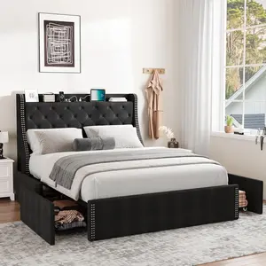 Velvet Wingback Bed Frame with Headboard, 4 Storage Drawers & Charging Station, Upholstered Platform Bed, No Box Spring Needed