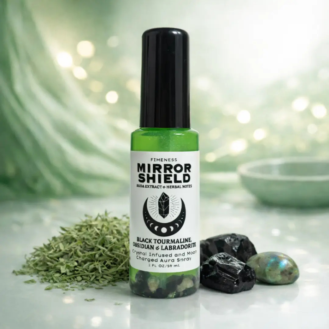 FIMENESS - MIRROR SHIELD - CRYSTAL INFUSED AND MOON CHARGED ROOM SPRAY 2oz RUDA EXTRACT AND HERBAL NOTES SCENT