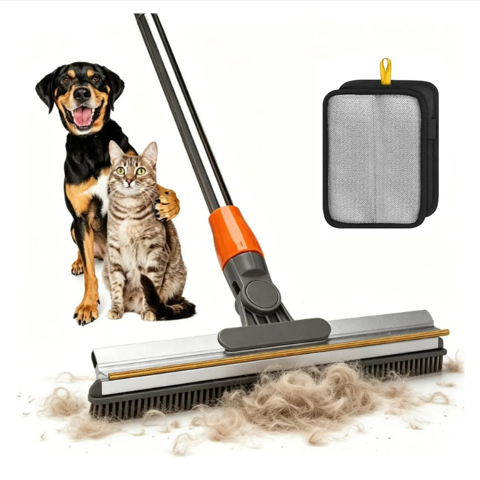 Pet Hair Removal Broom 2-in-1 Reusable Adjustable Long Handle Carpet Rake for Pet Hair Removal, 15 x 3 x 2-in