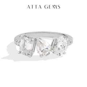 ATTAGEMS 1CT Oval & 1CT Emerald Cut & 0.8CT Pear Cut Lab-Created Moissanite Ring for Women S925 Sterling Silver Ring Anniversary Valentine's Day Gift Fine Jewelry R351