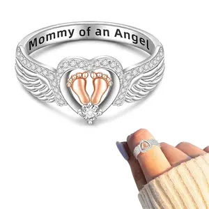 Mommy of An Angel Rings Heart Footprint Angel Wing Ring for Women Mom Sterling Silver Bands Memorial Mothers Day Gifts