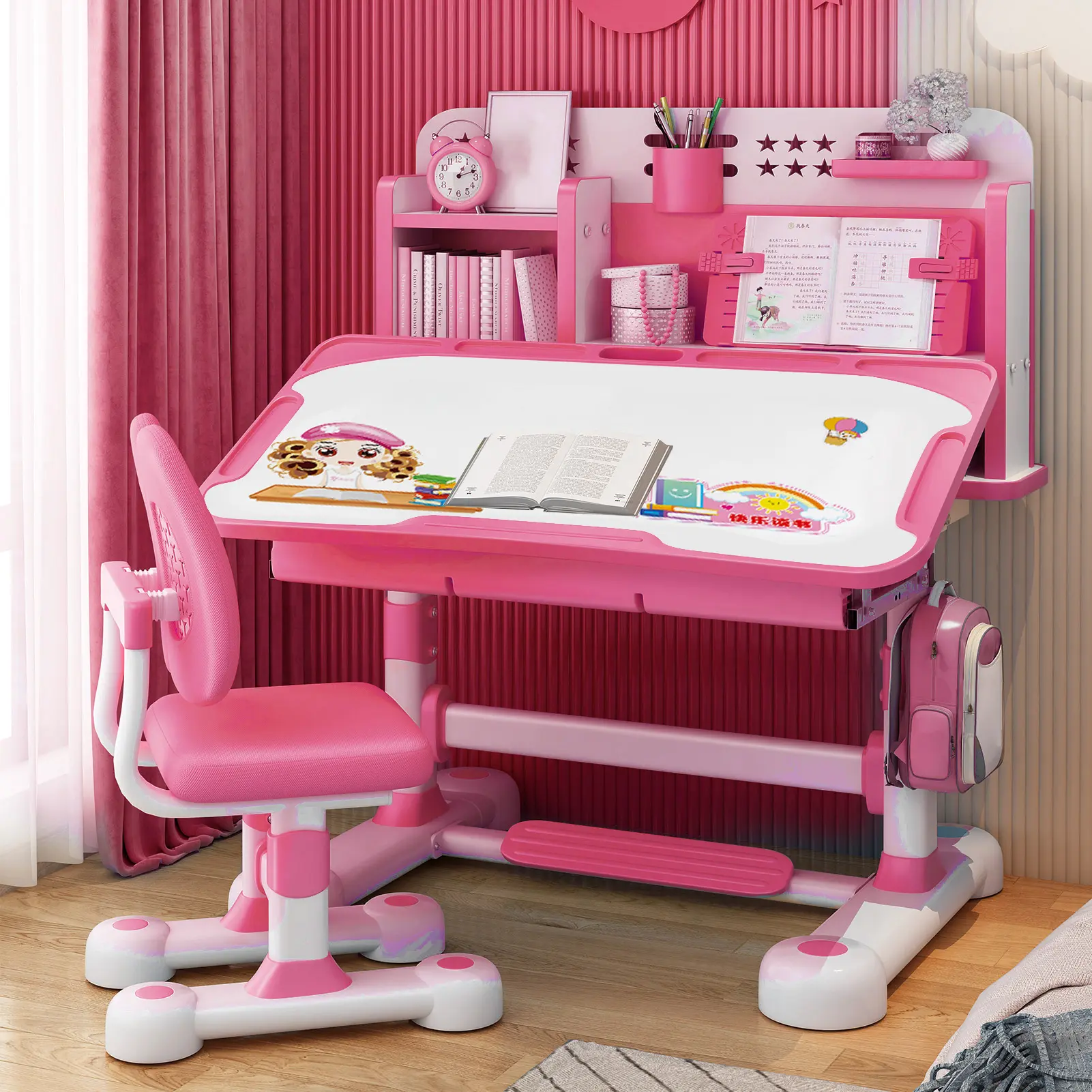 Kids Study Desk and Chair Set - 50-Degree Tiltable Surface, Height-Adjustable Desk with Drawers, Scientific Partition, Backpack Hooks, Bookshelf, Ergonomic Chair with Wide Writing Board, Sitting Corrector, Sturdy Learning Furniture