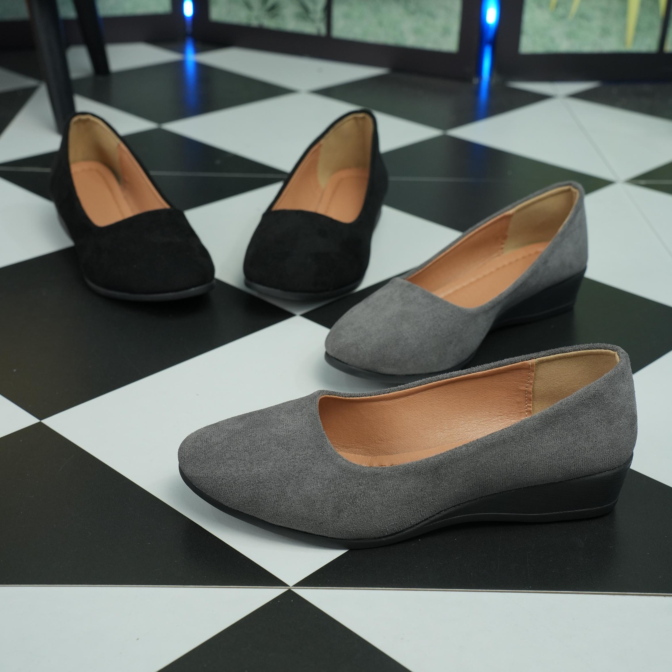 Women's Black Wedge Heels Work Shoes - Wide Fit Waterproof Rain Suede Pumps Round Toe Elegant Comfortable Insole Shallow Mouth Heeled Footwear Office Shoes for Women