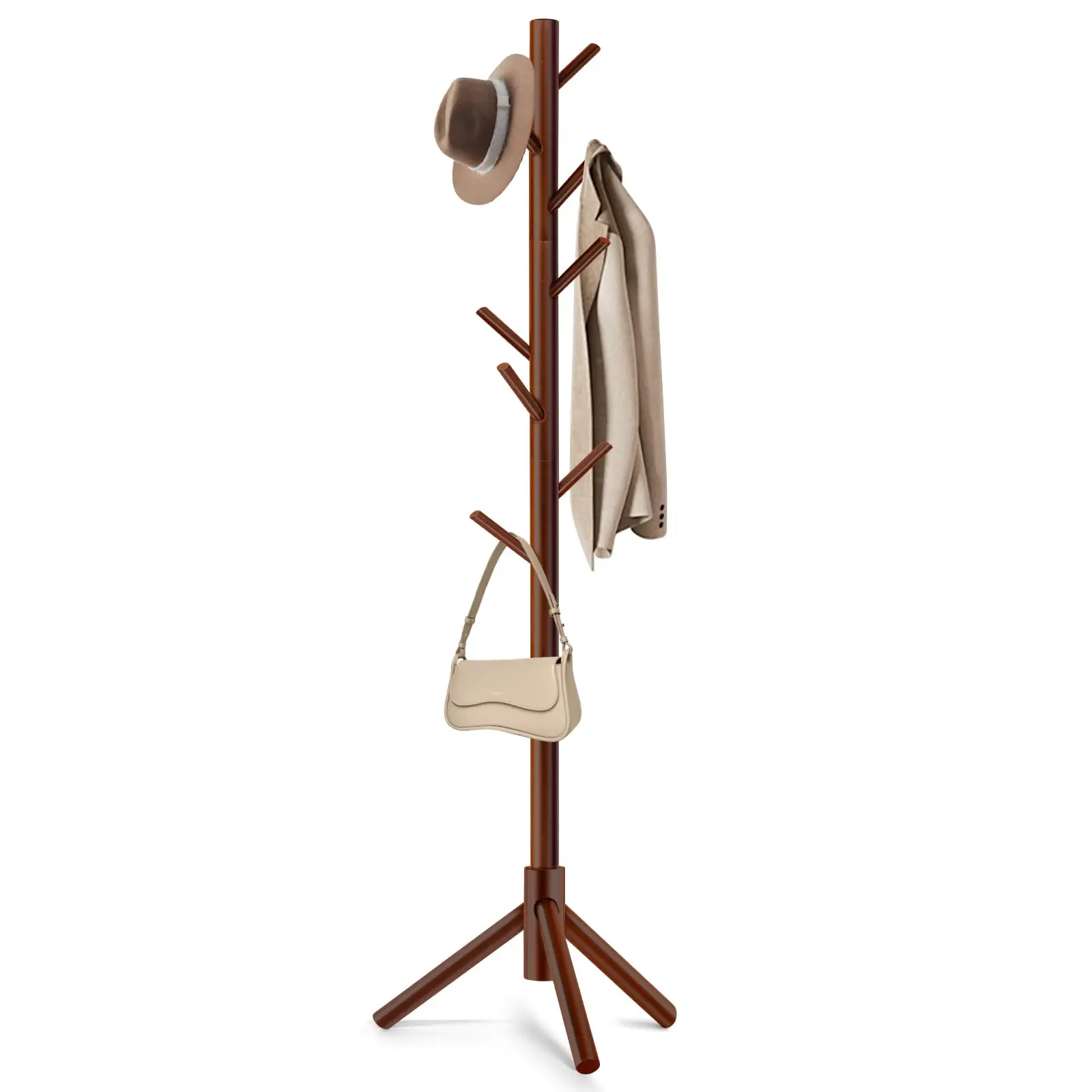 Freestanding Wooden Coat Rack Stand - Furniture Garment Rack with 8 Hooks, Adjustable Height, 3-Pronged Stand, Tool-Free Sturdy Organizer for Hats, Jackets, Bags, Scarves in Entryway, Bedroom, Office