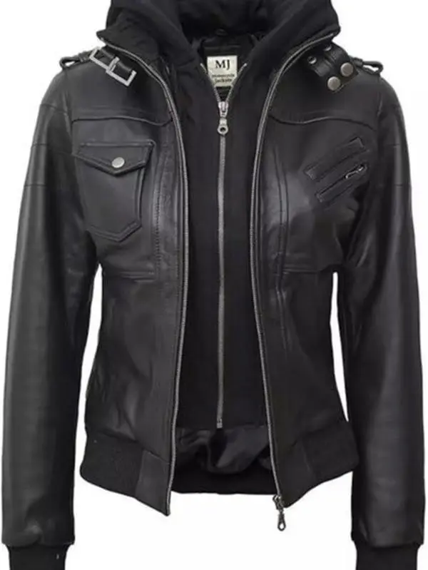 Womens Black Hooded Bomber Leather Jacket - Lambskin Womens Leather Jacket with Removeable Hood Womenswear Coats