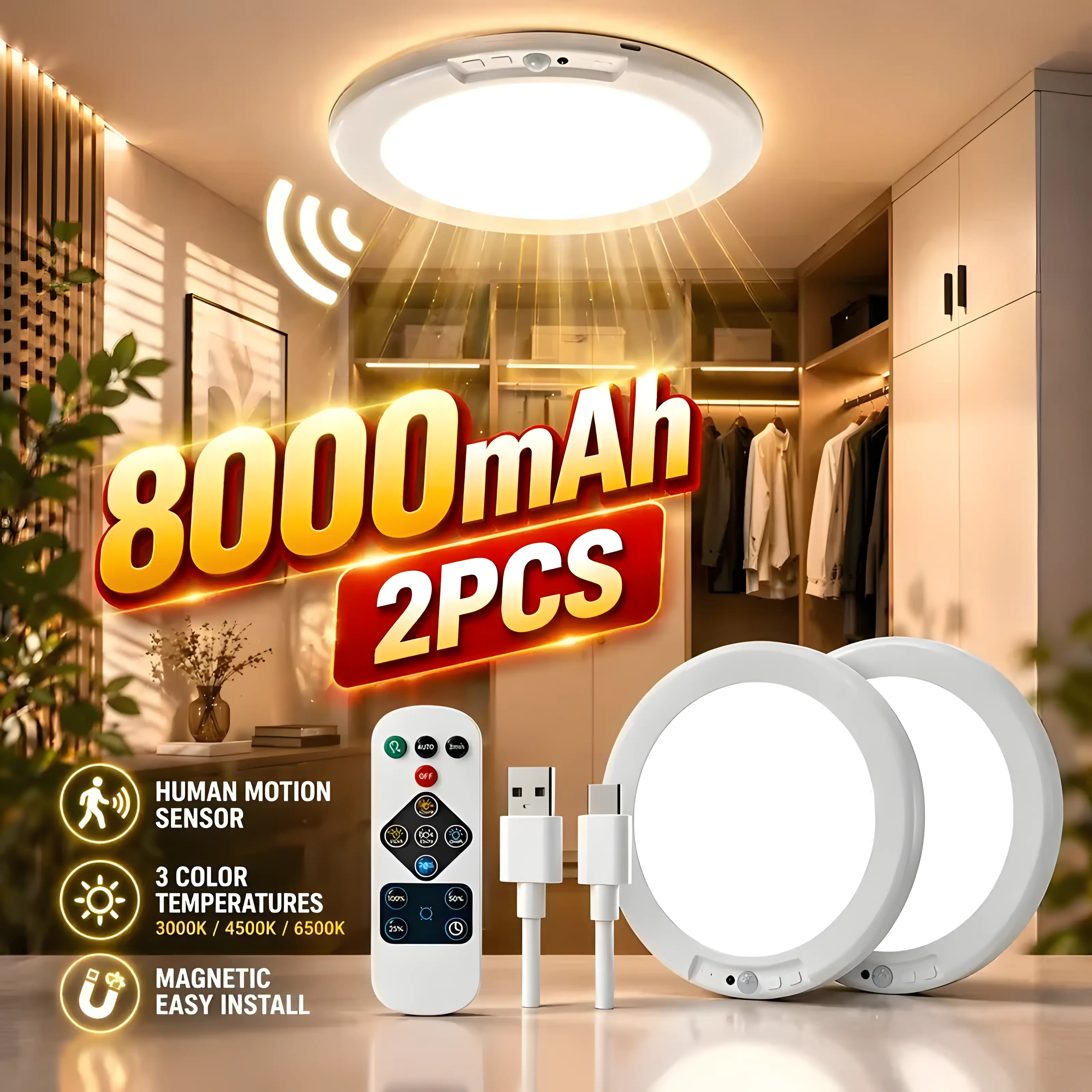 2-Pack Rechargeable Motion Sensor Ceiling LED Lights - Dimmable Magnetic ABS Plastic, Easy Install, Remote-Controlled Battery-Powered, 3 Color Modes, Interior Light for Closet, Porch, Dimmable Magnetic Design