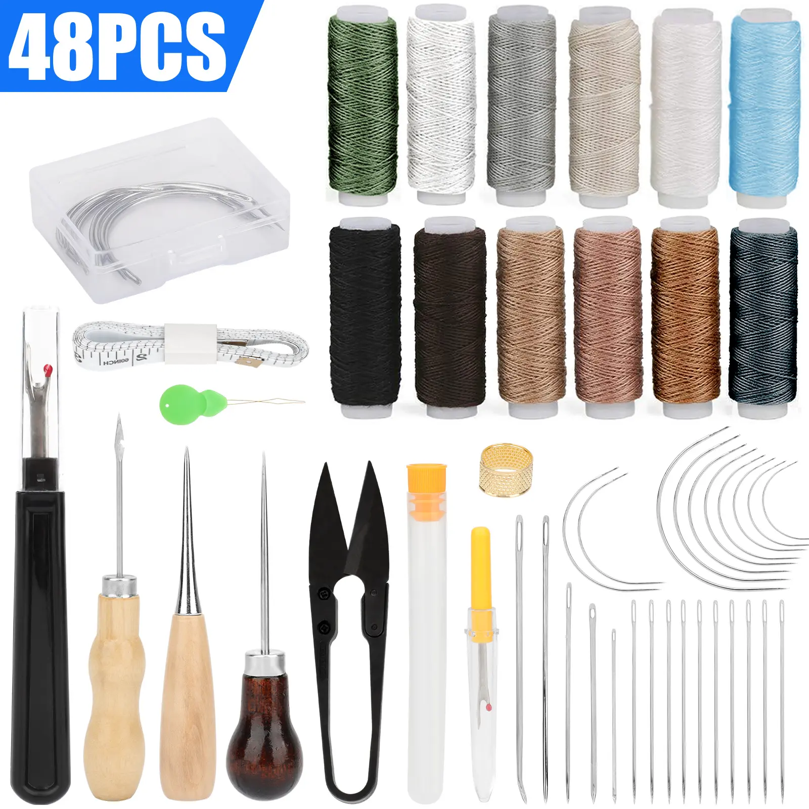 48Pcs Leather Sewing Kit - Thread Stitching Needles Awl Hand tool Kit,Portable Leather DIY Sewing Craft set Kit,Sewing supplies,For beginners