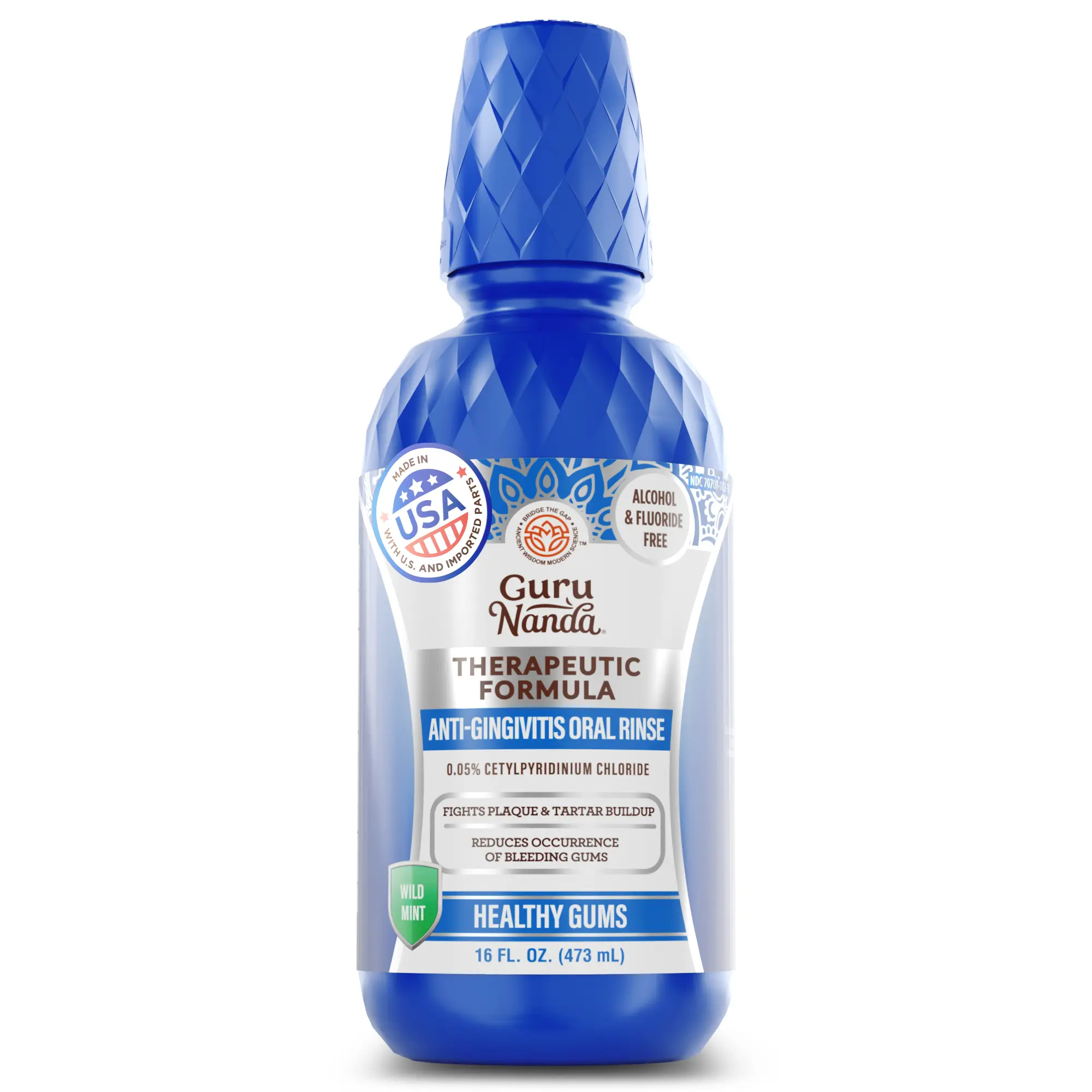 GuruNanda Anti-Gingivitis Oral Rinse with 0.05% CPC, Alcohol & Fluoride Free Therapeutic Mouthwash for Plaque Removal, Tartar Control & Healthy Gums, Wild Mint, 16 oz