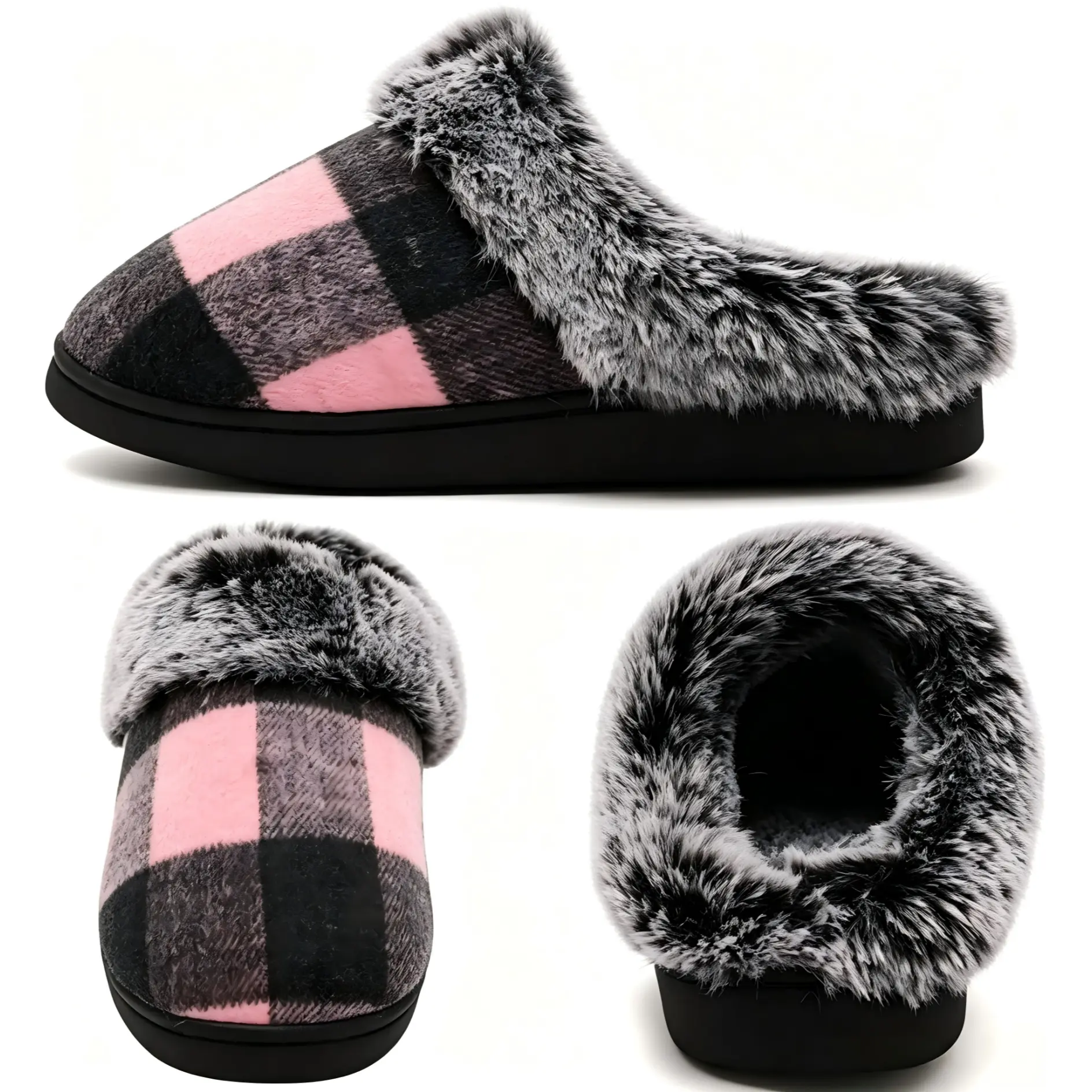 House Slippers for Woman Men, womens Checkered Slippers Cozy Memory Foam Scuff plaid Shoes with Fuzzy Faux Fur Comfortable Non-Slip Warm Fuzzy indoor outdoor
