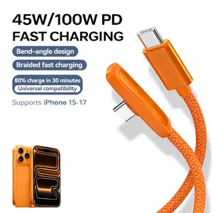 Right Angle USB C Cable, C to C Cable Fast Charging 100W 2-Pack 6FT, Flat Nylon Braided Type C Port 90 Degree USB C Cable for iPhone 16/15 Series MacBook Galaxy S24/S23/S22, iPad Pro, Black