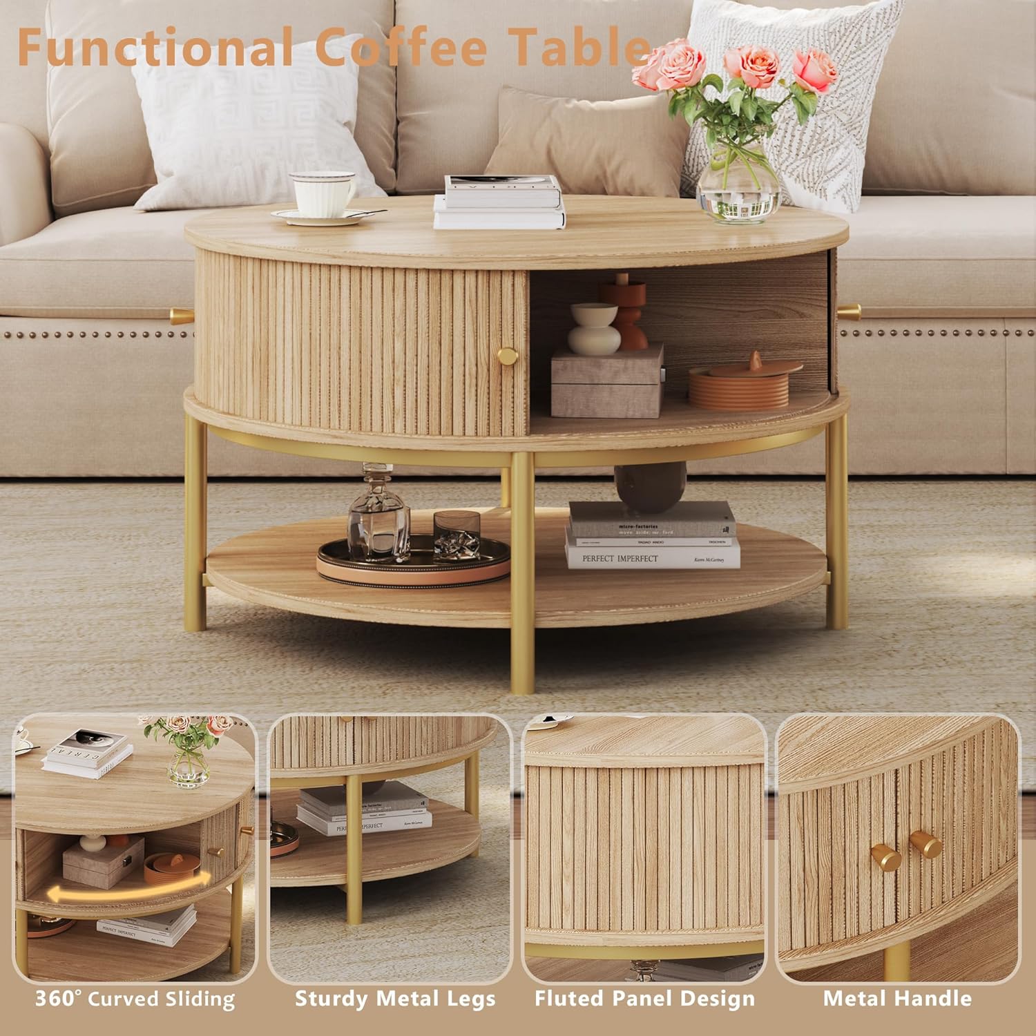 23.6" Round Coffee Table with Storage, Mid Century Modern Coffee Table with Sliding Cabinet Door, Round Metal Legs, 3-Tier Small Round Coffee Tables for Living Room, Oak 23.6" Round Coffee Table with Storage, Mid Century Modern Coffee Table with Sliding Cabinet Door, Round Metal Legs, 3-Tier Small Round Coffee Tables for Living Room, Oak