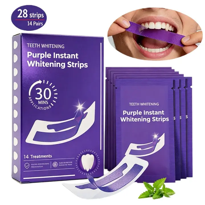 Purple Oral Teeth Whitening Strips - 14 Pairs, Peroxide Free, Enamel Safe, Non-Sensitive, Stain Removal, Radiant Smile, Daily & Travel Use, Color Correction Dental Care, Purple Whitening Strips, Whitening Teeth Strips, Purple Strips Teeth Whitening