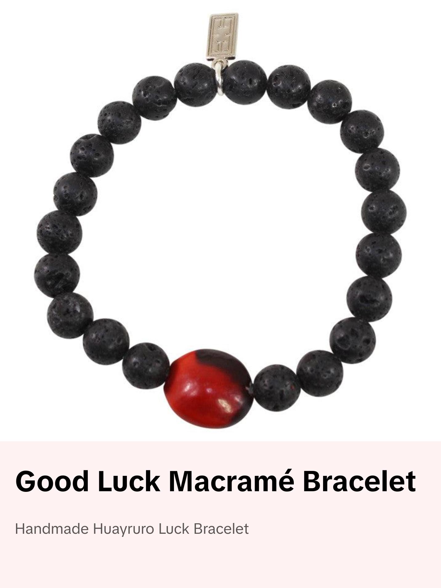 Good Luck Unisex Macramé Bracelet – Handmade with Volcanic Stone & Huayruro Seeds