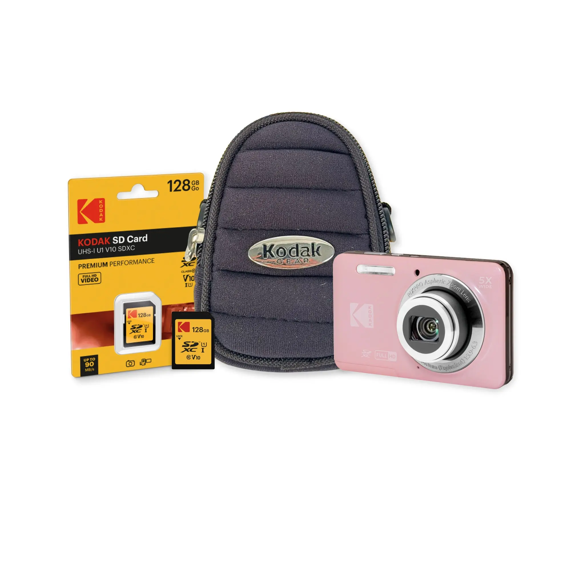 PixPro FZ55 Pink Camera Bundle with 128GB SD Card and Case (3 Items) for Kodak