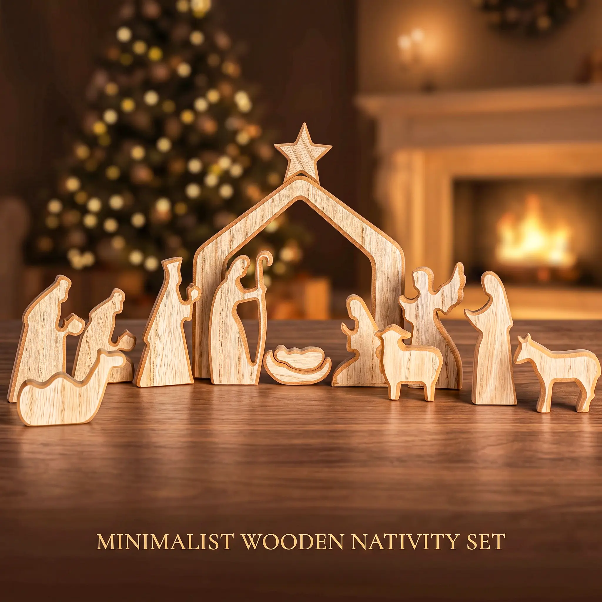 13Pcs Mini Lightweight Movable Wooden Nativity Scene Set - Minimalist Holy Family Figurines, Religious Collectibles with Star, Christian Boho Christmas Home Decor for Indoor Mantel Tabletop Manger Ornaments