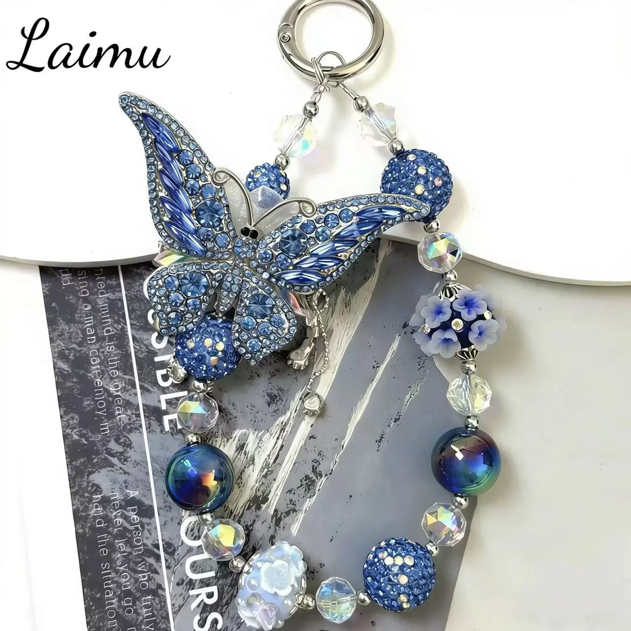 Laimu Butterfly Keychain, Handmade Viral Charm with Blue Crystals & Iridescent Beads, Secure Lobster Clasp, Lightweight Cell Phone Accessories for Phones & Bags, Phone Charms
