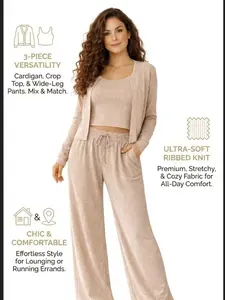 Breathable Fashionable women High Quality Relaxed Fit Cardigan Wide Leg Pants Three Piece Set Casual Style