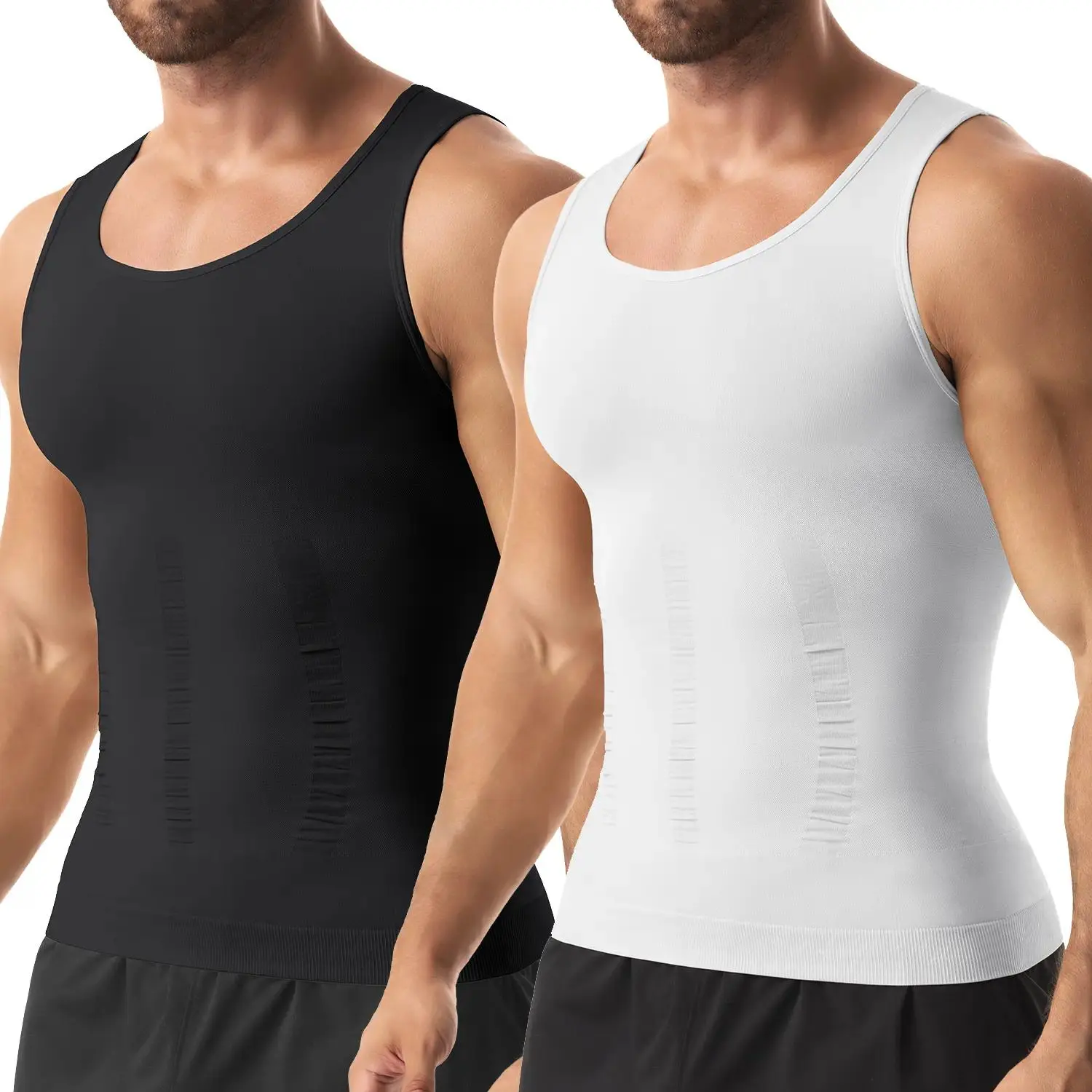 1 2 Pack Men Compression Tank Top Body Shaper Abs Abdomen Slim Vest Tummy Control Sleeveless Breathable Stretch Sports Undershirt Black White