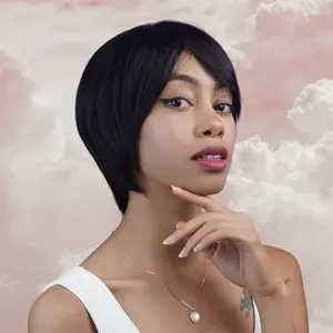 8 Inch Ombre Short Human Hair Wig for Black Women Brown Blonde Mixed Short Cut Wig with Bangs Natural Look Glueless Lightweight Beginner Friendly Soft Full Ready to Wear Everyday