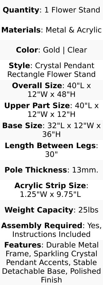 Gold Crystal Pendant Flower Stand, Metal Centerpiece Vase – 48" Tall Rectangular Display Rack