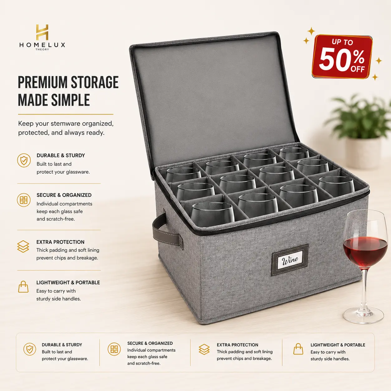 Wine Glass Storage Box with Dividers – Hard Shell Stemware Storage Container, Glassware Organizer with Lid & Handle for Kitchen Storage (Ivory) | Homelux Theory