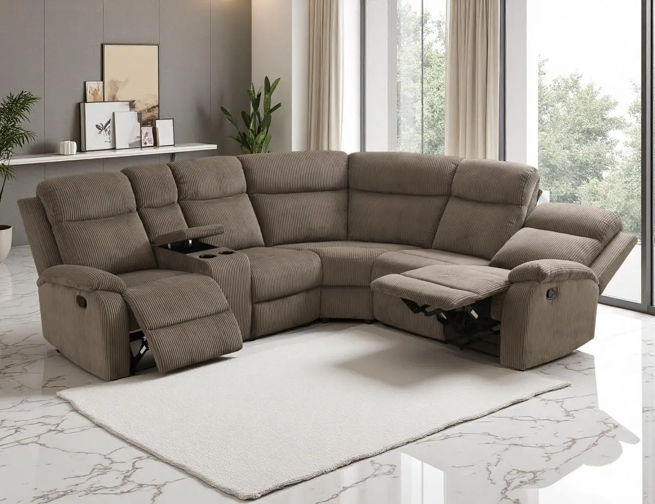 Manual Reclining Sectional Sofa Set, Living Room Furniture Sets, L-Shaped Sectional Sofa Couch, Comfy 5-Seat Corduroy Recliner Couch with Cup Holders/Storage Console for Living Room, Brown