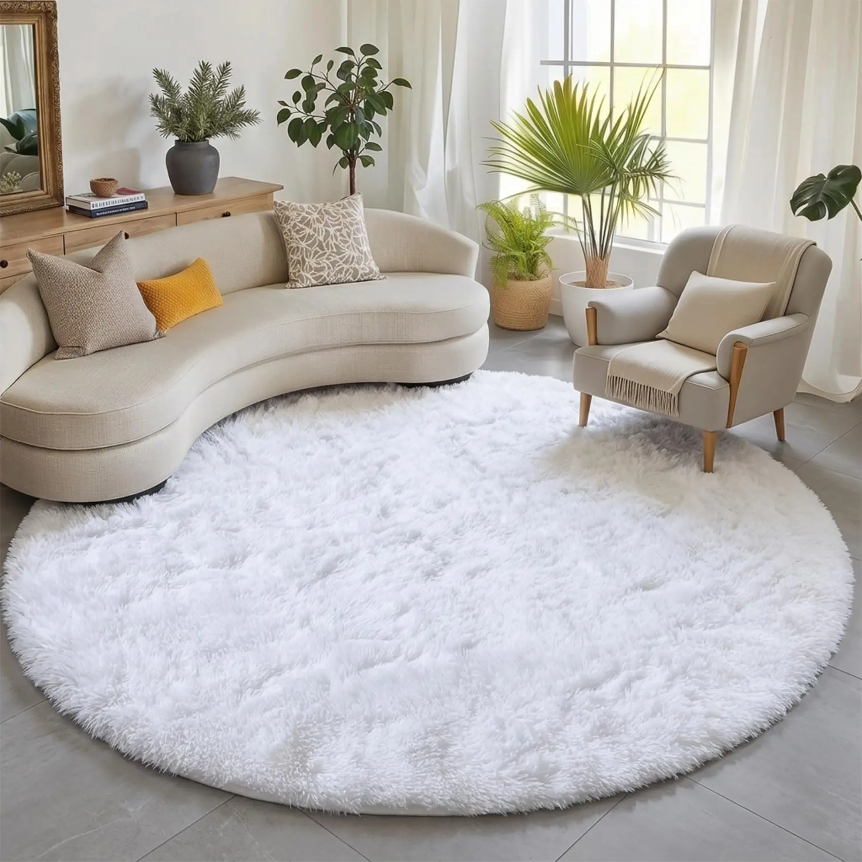 JAKOLIVE Ivory White Round Fluffy Rug for Woman Bedroom Shaggy Circle Area Rugs for Room Living Room Cute Fuzzy Carpet for Dorm Playroom Rug Upgrade Non-Slip Soft Plush Carpets for Sister’s Birthday Party Home Room Decor Aesthetic