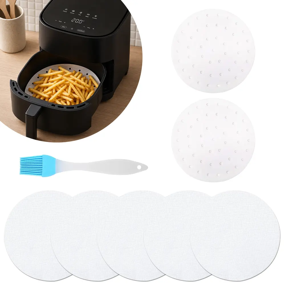 206PCS Steamer Paper & Silicone Mat Set – 200 Sheets 25cm Non-Stick Parchment Paper + 5 Reusable Silicone Steamer Mats + 1 Silicone Brush, Food-Grade, Heat-Resistant for Dumplings/Buns