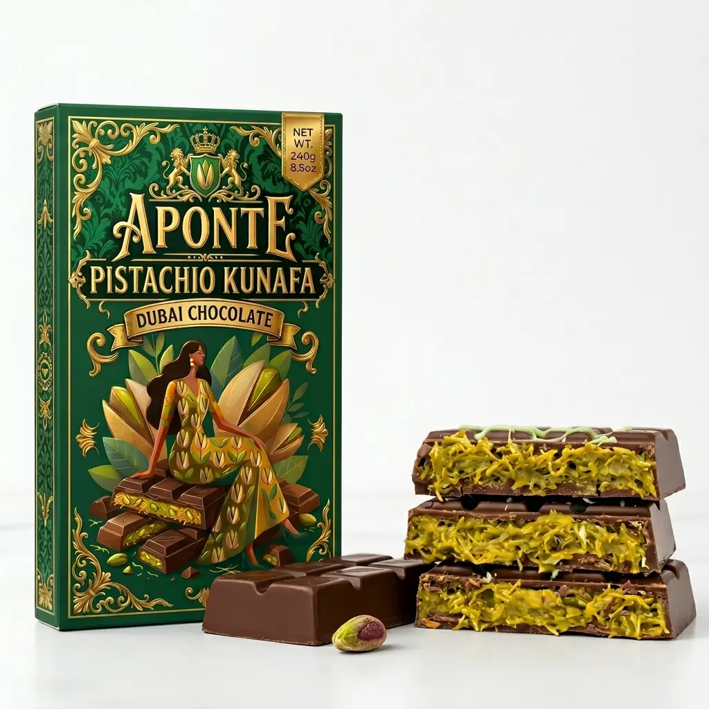 APONTE Pistachio Kunafa Dubai Chocolate Bar - Premium Middle Eastern Dessert Chocolate with Real Pistachio Cream & Crispy Kataifi Pastry - Luxury Gourmet  8.5oz (240g) - Viral Dubai Chocolate